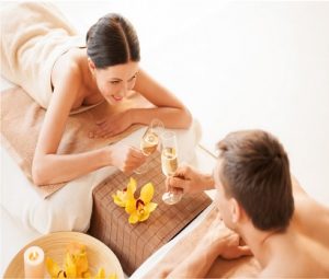 health and beauty, resort and relaxation concept - collage of many pictures with happy family couple in spa salon getting massage